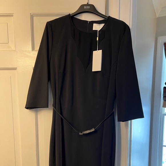 HUGO BOSS Black Diabina Leather Belted Wool Blend Sheath LBD Dress size 6 - Picture 11 of 11